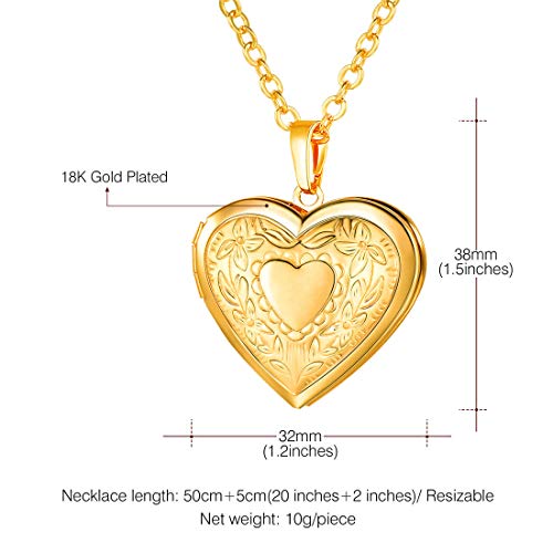 U7 Women Locket Necklace, Heart Photo Lockets Hold Picture, Gift Box Packed - color: gold