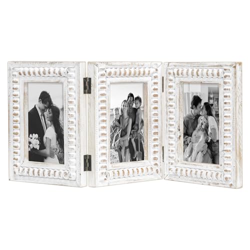 MODE HOME Whitewashed Folding 3 Picture Frame 4x6, Wooden Triple 4 x 6 Picture Frame for Tabletop Display, Farmhouse Picture Frames with Hinged Design, Family Photo Frame 4x6 - color: White, size: 3 Folding 4x6