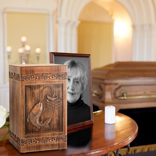 Wooden Urn for Ashes Adult Male Female, Cremation Urns for Human Ashes Adult Men Women, Decorative Burial Funeral Memorial Fishing Urns for Ashes, Urn Box Holds 250 Cubic Inches (Fishing)