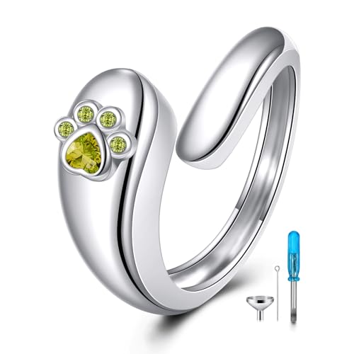 Sterling Silver Birthstone Urn Ring for Ashes Pets Dog Cat Keepsake Birthstone Memorial Cremation Jewelry for Women - style: Paw Print-August