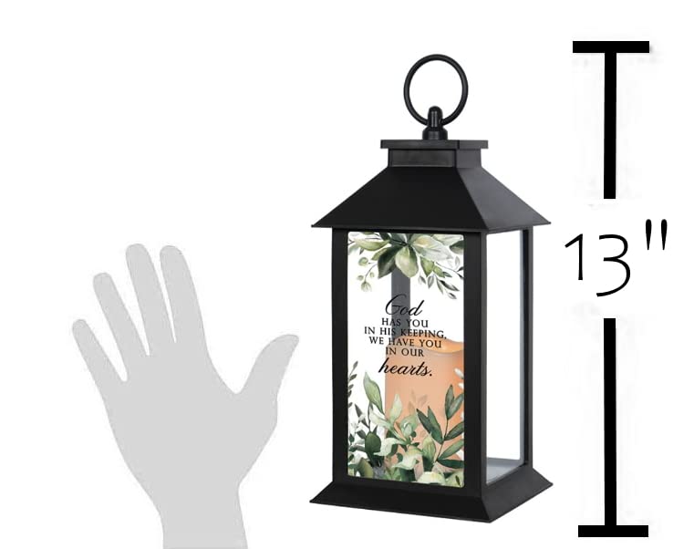 The Bridge Collection Memorial Lantern with Candle (In Our Hearts) - Black Metal, LED Candle, Tabletop Mount
