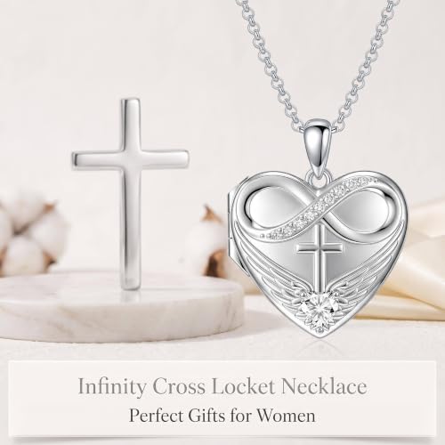 Heart Locket Necklace 925 Sterling Silver Personalized Picture Locket Pendant Birthday Christmas Jewelry Memorial Gifts for Women - color: Angel Wings