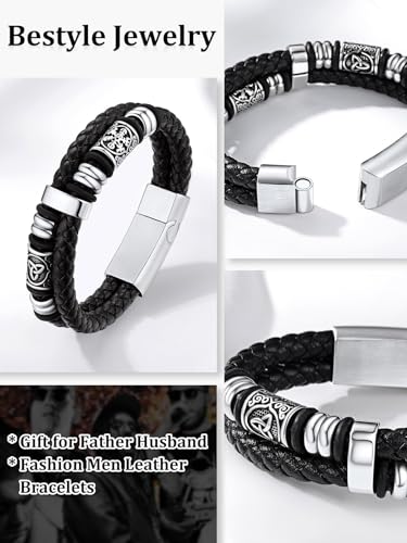 Bestyle Genuine Men Leather Bracelets Fashion Stainless Steel Celtic Beaded Wristband for Men, Size 7.5/8.3/9.1/9.8Inch Men Bracelet, Message Card Offered - style: 0. Viking Celtic Charm-Stainless Steel