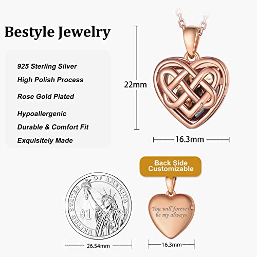 Bestyle Sterling Silver Heart Locket Necklace for Women, Dainty Cute Small Heart Locket Pendant in Gold/Rose Gold/Silver, Love Statement Jewelry Gift for Mother Wife - color: B1. Celtic Knot-Rose Gold-Locket Only, NO Custom