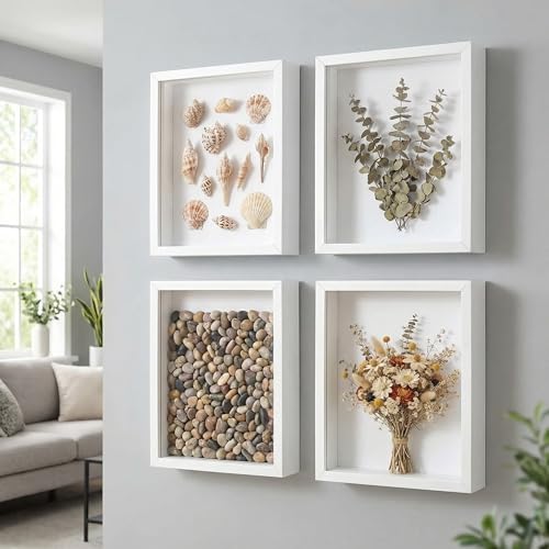 4 Pack Shadow Box Frame Display Cases, 8"x 10" Wood Deep Black Handicrafts Shadowbox for Flowers Jersey Wedding (White) - color: White