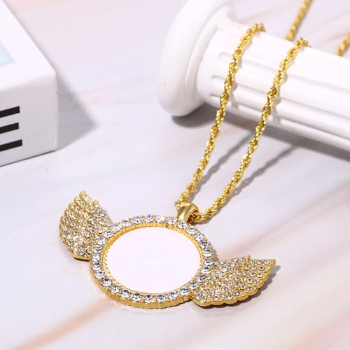 OIDEA Personalized Photo Picture Necklace: Shiny Rhinestones Angel Wings Locket Pendant Chain Necklaces Memorial Jewelry Gifts - color: 1. gold tone