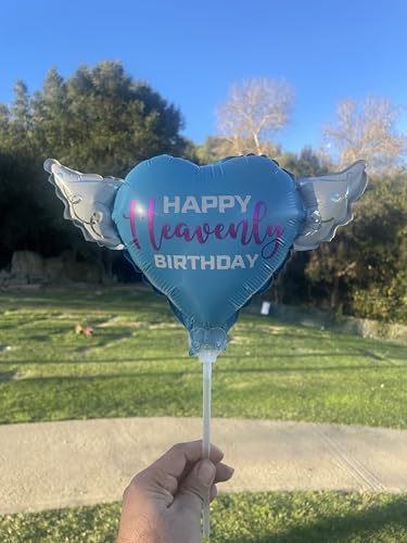 Happy Heavenly Birthday Balloon on a Stick Blue Heart with Angel Wings, Memorial Grave Decoration, in Loving Memory, Cemetery Remembrance Gift - size: 8 inches