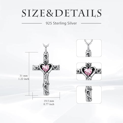 TOUPOP Cross Urn Necklaces for Ashes Birthstone Cremation Jewelry 925 Sterling Silver Cross Memorial Keepsake Jewelry for Women (with Funnel Filler) - color: 10-October-Pink Tourmaline