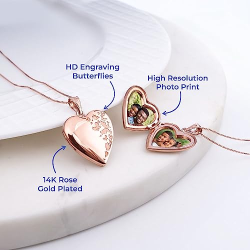 PicturesOnGold.com Personalized Heart Shaped Butterflies Photo Locket Necklace - 3/4 inch x 3/4 inch - Includes 18 inch Chain - Custom Engraved Picture Locket Necklace for Women - style: Rose Gold - Locket + 2 Photos