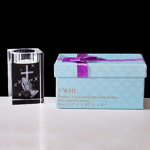 YWHL Cross Religious Crystal Votive Candle Holders, Religious Gifts for Women, 3D Praying Hands and Cross Glass Tealight Candle Holder for Table Centerpiece (Excluding Candles) - color: Praying Hand