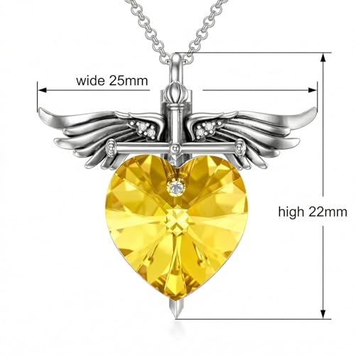SOULMEET Memorial Wings Necklace for Ashes with Large Heart Crystal Birthstone, Angel Wings Urn Necklaces with Heart Shaped Birthstone Keepsake Silver Cremation Jewelry - style: K-November