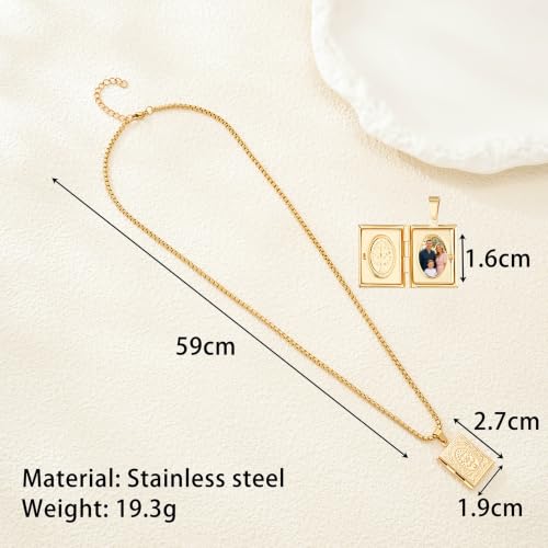 Stainless Steel Photo Locket Necklace for Women, 3mm Box Chain, Personalized Picture Holder Pendant, Waterproof Hypoallergenic Sentimental Jewelry Gift - color: Tree of Life Square Gold