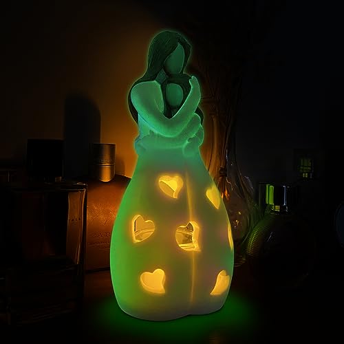 Mother-Daughter Glow in The Dark Candle Holder Statue with Flickering LED Candle | Hand-Painted - Unique Gifts for Mother's Day, Christmas, Birthday | Greeting Card Included - color: Mom & Gaughter (Glow-light Brown)