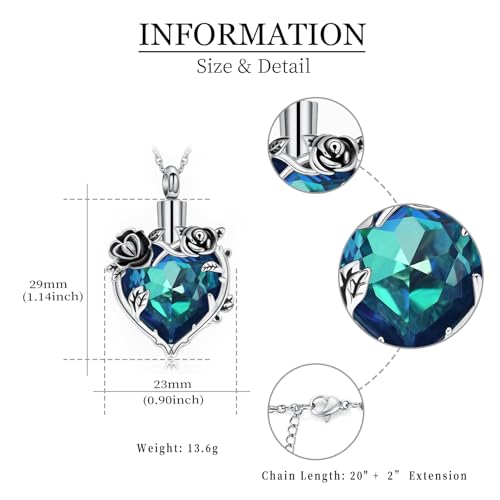 shajwo Cremation Jewelry Rose Flower Heart Urn Necklaces for Ashes for Women Memorial Human Ashes Pendant - color: Blue