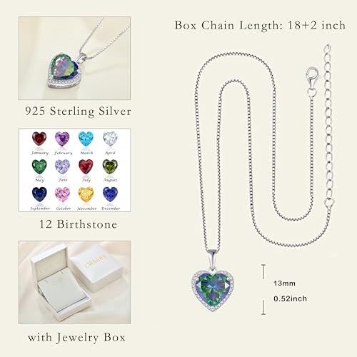 925 Sterling Silver Halo Heart Necklace for Women | Lwsary Love Heart Necklace, Heart Cut Birthstone Jewelry for Her - color: Rainbow
