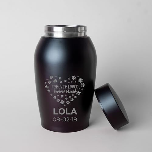 Personalized Cremation Keepsake Pet Ashes Urn Waterproof with Airtight Closure Customized Text Engraving Vase Container Memorial Dog Cat Funeral Decorative (Forever Loved, Forever Missed)