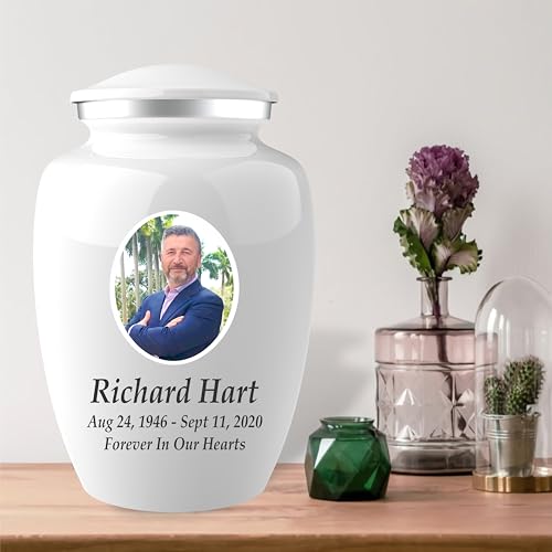 Personalized Photo Cremation Urns for Adult Ashes Male Female - 200lbs Custom Photo Burial Urns for Human Ashes - Engraved Handcrafted Funeral Decorative Urns for Adult with Velvet Bag,White