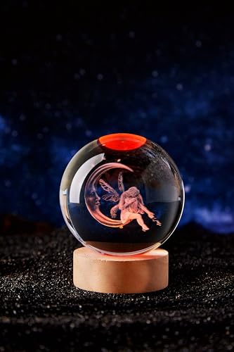 Large Moon&Fairy Crystal Ball Night Light with Woodern Base, 3D Fairy Crystal Lamp 16 Color Changing with Remote Control, Laser Engraved Fairy Glass Ball Lamp, Room Decor (Moon&Fairy) - style: Moon&Fairy