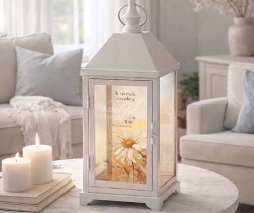 Magnolia Garden 14 Inch White Metal Traditional Lantern – LED Candle Home Decor –He Has Made Everything Beautiful in Its Time - size: 5.25 x 5.25 x 14, style: He Has Made Everything