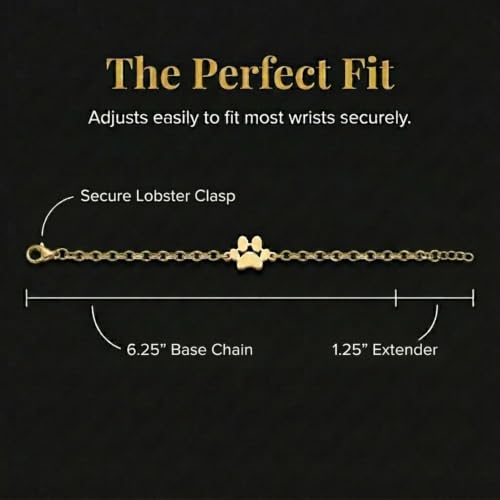 Pet Memorial Bracelet, Paw Charm Jewelry, Gold Plated Stainless Steel, Adjustable Chain