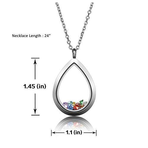 Jovivi Teardrop/Heart Floating Charm Memory Locket Necklace - 316 Surgical Stainless Steel Buckle Closure - color: SILVER
