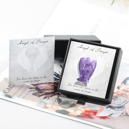 Small Guardian Angel Prayer Figurines Statue, Amethyst Crystals and Healing Stones Angels Bereavement Sympathy for loss of loved one, Grief Gifts for Women, Faith Based Spiritual Gift for Cancer - color: Purple