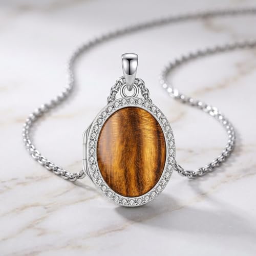ONEFINITY Locket Necklace Photo Necklace Memorial Jewelry Gifts for Women Mom Wife - color: Tiger's Eye