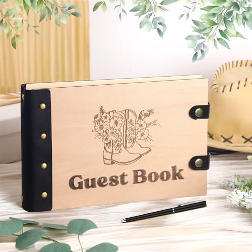 Engrowtic Western Cowboy Wedding Guest Book with Pen Wooden Guestbook Wedding Reception with Leather 7 x 10 Inches Wood Grain Guest Book Signing for Birthday Bridal Shower Baby Shower Decor - style: Western