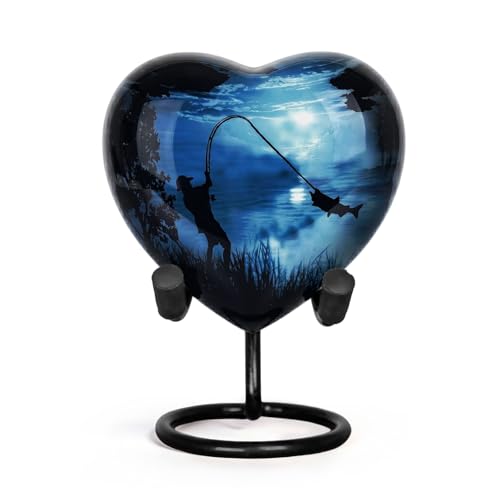 Gone Fishing Heart Urn for Human Ashes Adult Male Female - Small Keepsake Heart Shaped Cremation Urn for Dad, Men - Blue Decorative Memorial Urn with Stand, Velvet Bag and Funnel - size: Small Heart