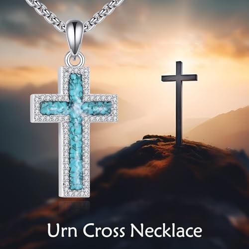 Cremation Urn Necklace for Ashes 925 Sterling Silver Moon Phase/Tree of Life/Hummingbird/Moss Agate/Opal/Compass/Mountain/Butterfly/Turquoise/Sunflower/Dragonfly/Cross Pendant Necklace Cremation Memorial Keepsake Urn Jewelry for Women Men - style: Cross
