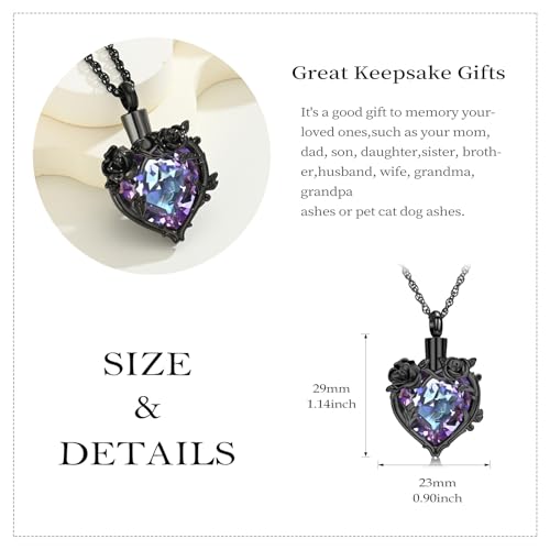 Cremation Jewelry for Ashes Rose Flower Urn Necklace with Crystal Heart Ashes Pendant Butterfly Necklaces for Women Men Memorial Keepsake Jewelry Gift - color: Black-purple