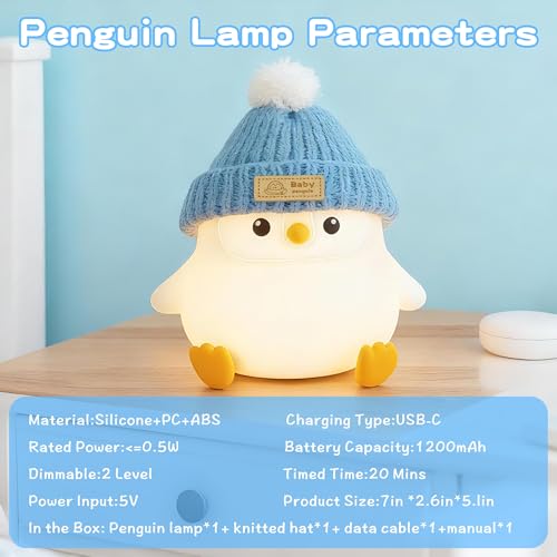 FAMIDUO Penguin Night Light for Kids, Silicone Nursery Lamp with Knit Hat - color: Grey Sitting Penguin