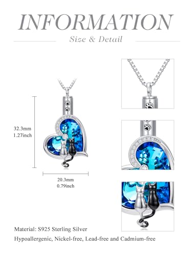 TOUPOP Sterling Silver Urn Necklace for Ashes with Crystal Memorial Keepsake Dragonfly/Butterfly/Cardinal/Cat/Dolphin Cremeation Jewelry Birthday Mothers Day Christmas Gifts for Her Women - style: Two Cats