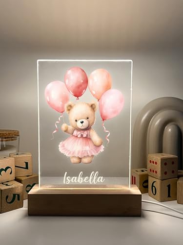 MIRROR MANIA Personalized Teddy Bear Night Light, Gift for Baby, Baby Night Light, Girl Bedroom Light Gift, Pink Bear, Girls Night Light, Nursery Decor. Handcrafted in CT, USA.