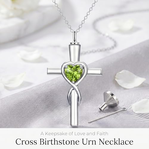 YYB Urn Necklace for Ashes Women Heart Birthstone Cross Cremation Jewelry | Memorial Keepsake Funeral Jewelry for Loved Ones (with Funnel Filler) - color: 08-Aug-Peridot