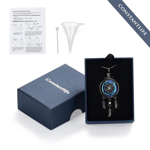 constantlife Circle of Life Dreamcatcher Cremation Jewelry for Ashes Stainless Steel Crystal Pendant Urn Necklace Keepsake Human Pet Memorial Gift for Women Men - color: Black-Blue