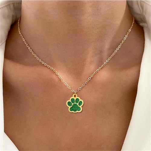 Dreuyet Paw Necklace and Earrings Set for Women Glitter Cute Dog Cat Pet Paw Print Pendant Necklace Earrings Lovely Animal Charm Jewelry Set Gifts - color: Gold Green