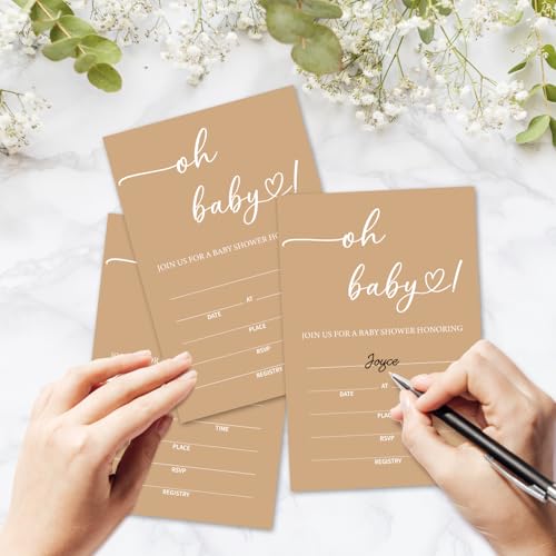 Oh Baby! Brown Baby Shower Invitations for Boys Girls, Minimalism Invite Cards for Baby Announcement, 25 Set of Fill-in Invites with Envelopes, Gender Reveal Party Supplies -B13 - color: Brown-Oh Baby