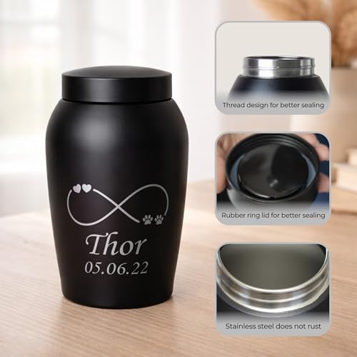Personalized Cremation Keepsake Pet Ashes Urn Waterproof with Airtight Closure Customized Text Engraving Vase Container Memorial Dog Cat Funeral Decorative (Infinity Symbol w/Paws & Hearts)