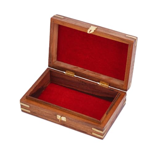 Ajuny Wooden Jewellery Box Brass Inlay Hand Carved Keepsake Chest 8x5