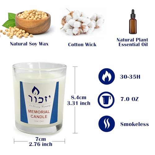 Memorial Candles for Loss of Loved One - Hand Poured 7oz Yahrzeit Candles (White) - Long Lasting 30hr Soy Wax Tribute for Jewish Sympathy, Shiva, Funeral & Remembrance - Unscented Bereavement Gifts