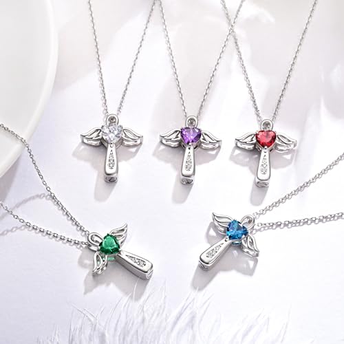 YLT S925 Sterling Silver Cross Angel Wings Necklace for Ashes | Cremation Urn Pendant Birthstone Jewelry Memorial Keepsake Memory Ashes Jewelry Gifts - color: Aquamarine