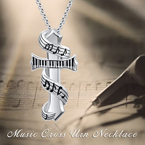 PELOVNY Urn Necklaces for Ashes of Loved Ones 925 Sterling Silver Personalized Heart Locket Urn Necklace Cremation Keepsake Memorial Jewelry Gifts for Women Men - color: Music Cross Urn