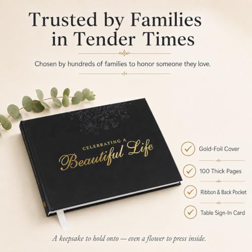 Funeral Guest Book – Black Version – 9x7 in, 100 Thick Pages - color: Black