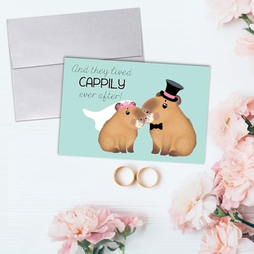Amanda Creation Capybara Wedding Card, 4x6 Blank Inside with Silver Envelope, Funny Wedding Card for Newlyweds, Cappily Ever After - style: Capybara