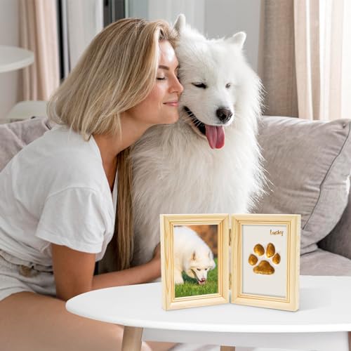 Avont Paw Print Kit, Pet Memorial Keepsake with Frame | Skin-Friendly Air-Dry Clay | Wooden Double-Hinged Frame | DIY Pet Name Stencils | Tabletop & Wall Mount | Natural - color: Natural