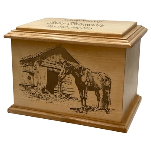 Wooden Urn for Human Ashes, Large Funeral Cremation Urn with Personlaization and Multiple Designs (Farm Horse)