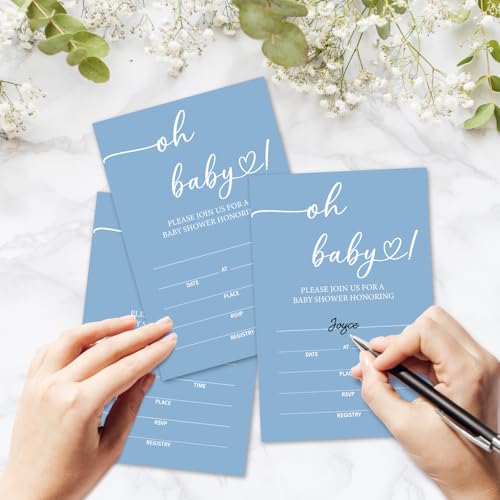 Oh Baby! Baby Shower Invitations for Boys, Blue Minimalism Invite Cards for Baby Announcement, 25 Set of Fill-in Invites with Envelopes, Gender Reveal Party Supplies -B15 - color: blue
