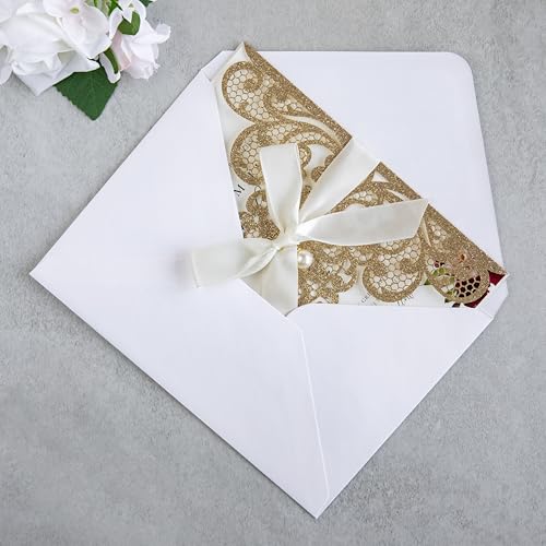 20Pcs Gold Glitter Laser Cut Wedding Invitation Cards With Envelopes - color: Gold Glitter