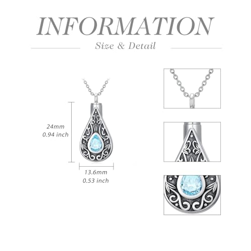 Teardrop Urn Necklace for Ashes Filigree Birthstone Keepsake Pendant Cremation Jewelry for Ashes Memorial Jewelry Gifts for Loss of a Loved One for Women - style: Mar-Aquamarine